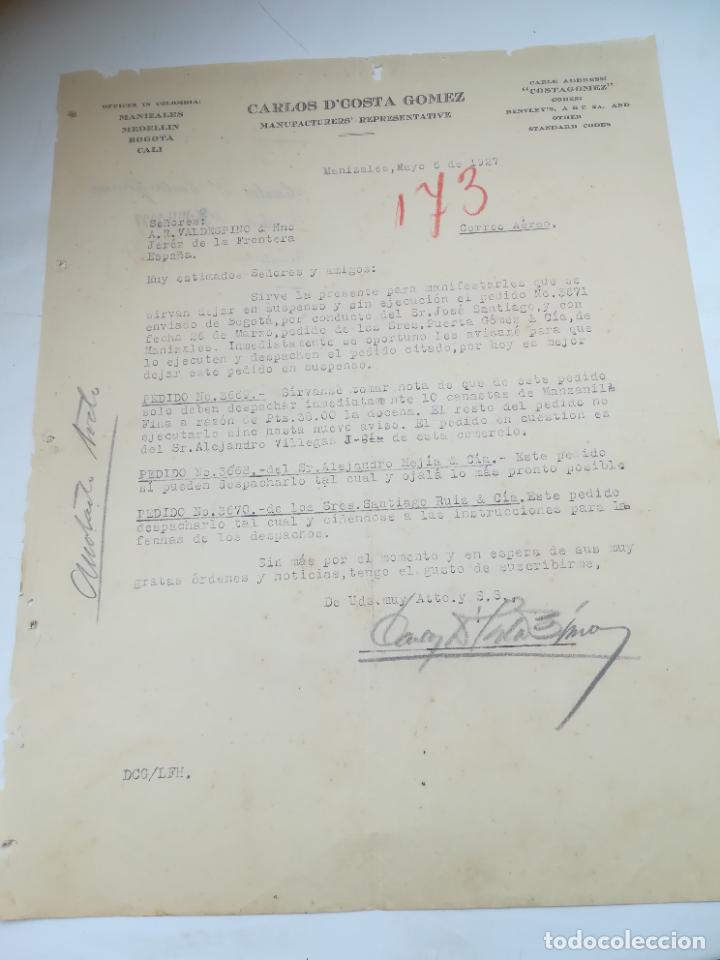 Lettres commerciales: CARTA COMERCIAL. CARLOS D'COSTA GOMEZ. 1927. MANIZALES, COLOMBIA