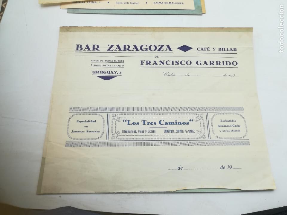 Lettres commerciales: LOTE DE 2 MEMBRETES. BAR ZARAGOZA DE FCO GARRIDO Y ULTRAMARINOS LOS TRES CAMINOS. CADIZ. 1930