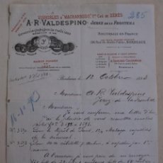 Cartas comerciales: ANTIGUA CARTA COMERCIAL FACTURA: BODEGAS VINOS VALDESPINO MACHARNUDO JEREZ DE LA FRONTERA AÑO 1893. Lote 312193563