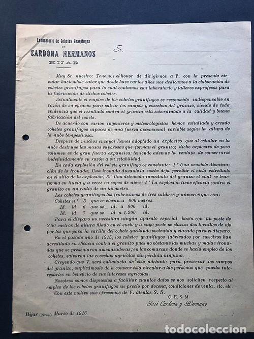 Cartas comerciales: HIJAR AÑO 1916 / LABORATORIO DE COHETES GRANÍFUGOS / CARDONA HERMANOS / TERUEL - Foto 1 - 314632253