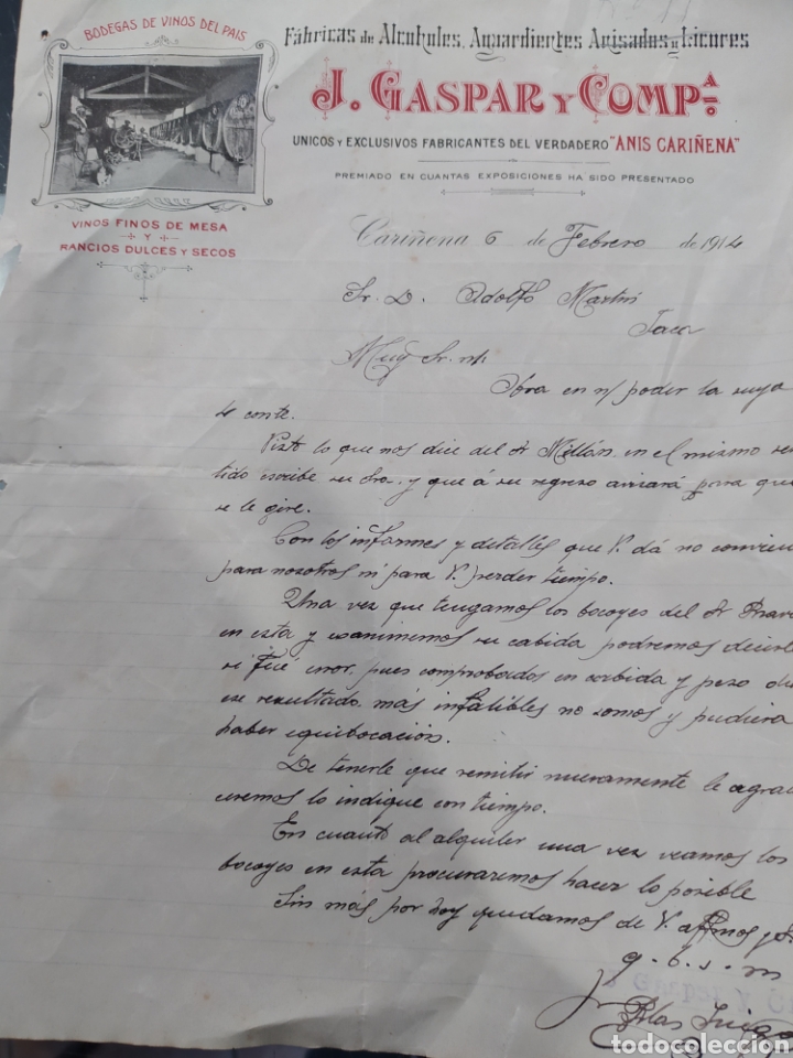 Cartas comerciales: Bodegas de vino del pa&iacute;s J Gaspar y compa&ntilde;&iacute;a Cari&ntilde;ena 1914