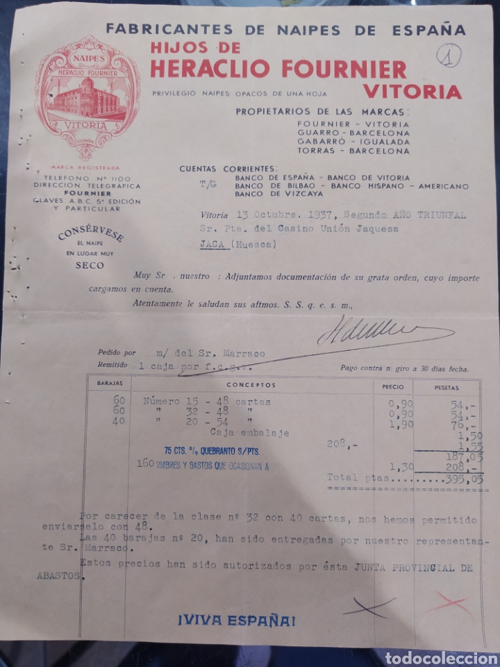 Cartas comerciales: Fabricante de naipes hijos de el&eacute;ctrico Fournier Vitoria 1937