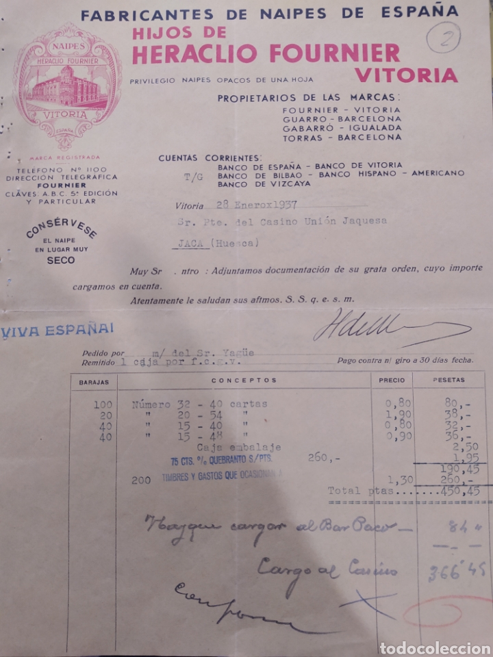 Cartas comerciales: Fabricantes de naipes hijos de Heraclio Fournier Vitoria viva Espa&ntilde;a 1937