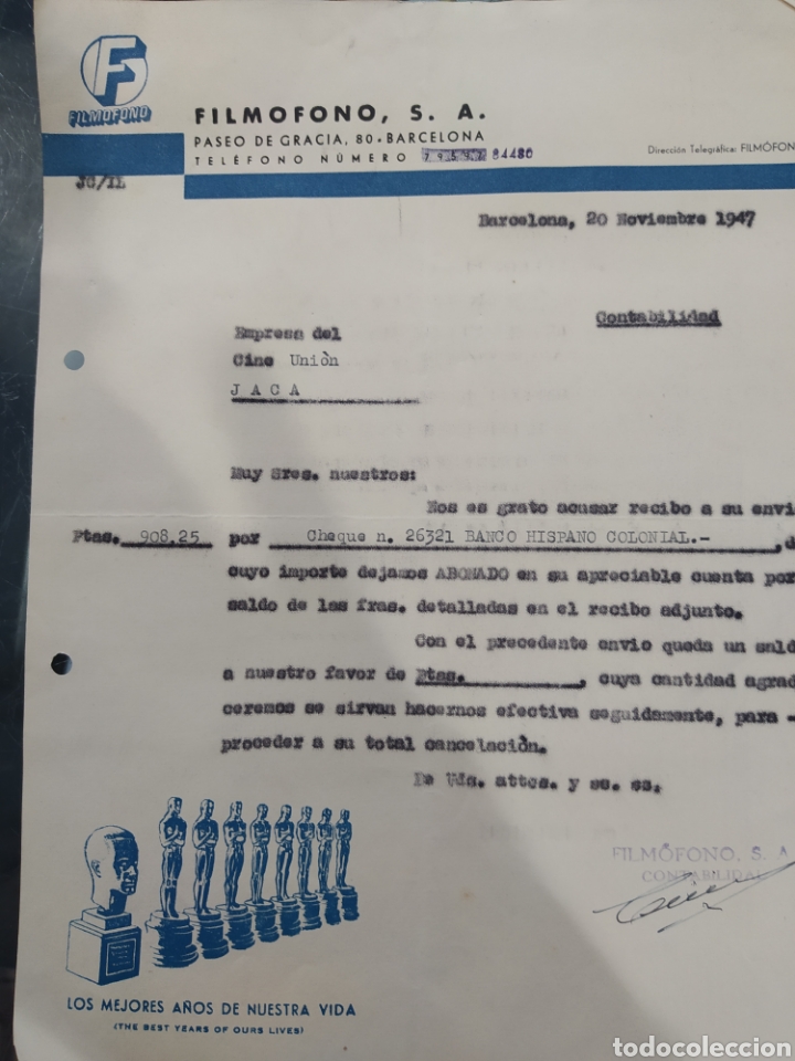 Cartas comerciales: Carta comercial filmu Barcelona 1947 los mejores a&ntilde;os de nuestra vida