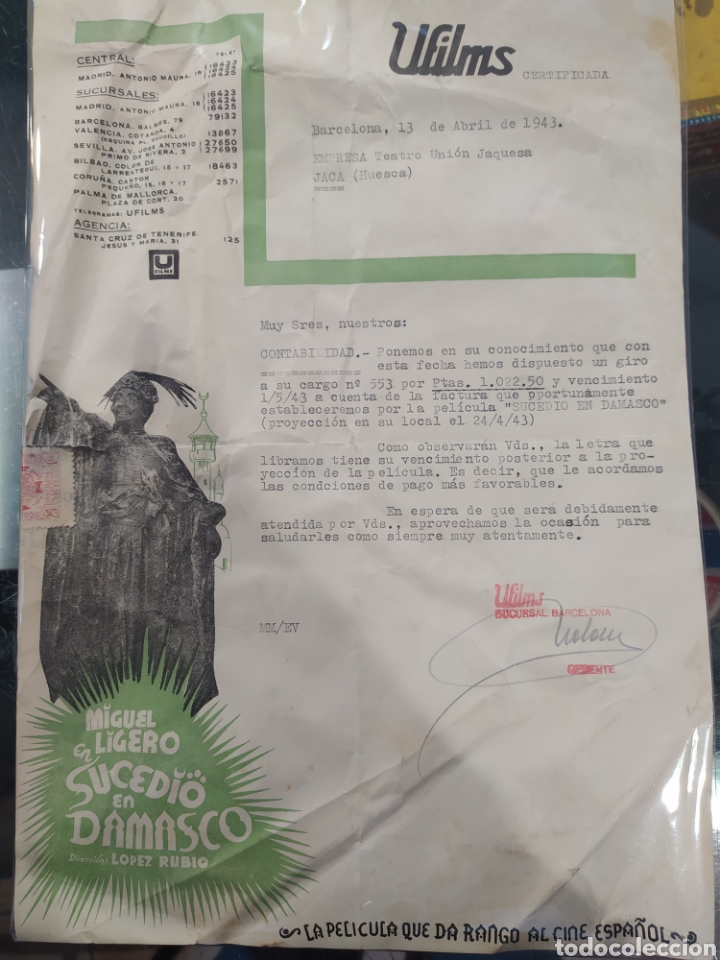 Cartas comerciales: Carta comercial of films Miguel ligero sucedi&oacute; en Damasco 1943