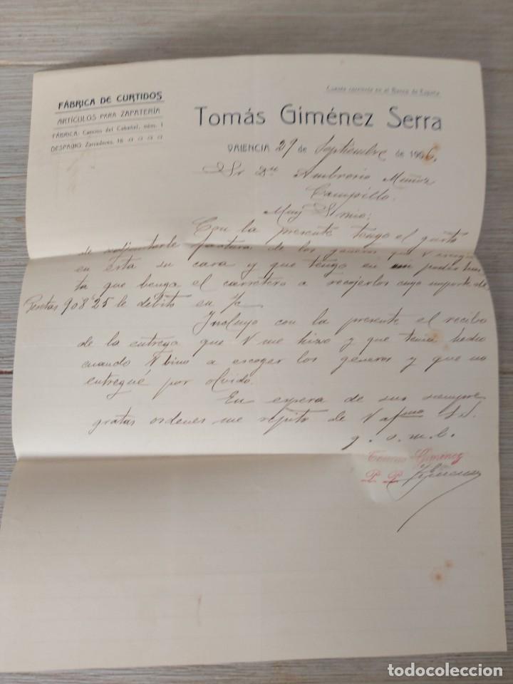 Gesch&auml;ftsbriefe: ANTIGUA CARTA COMERCIAL DE 1906 - TOM&Aacute;S GIM&Eacute;NEZ SERRA - FABRICA DE CURTIDOS PARA ZAPATERIA - VALENCI