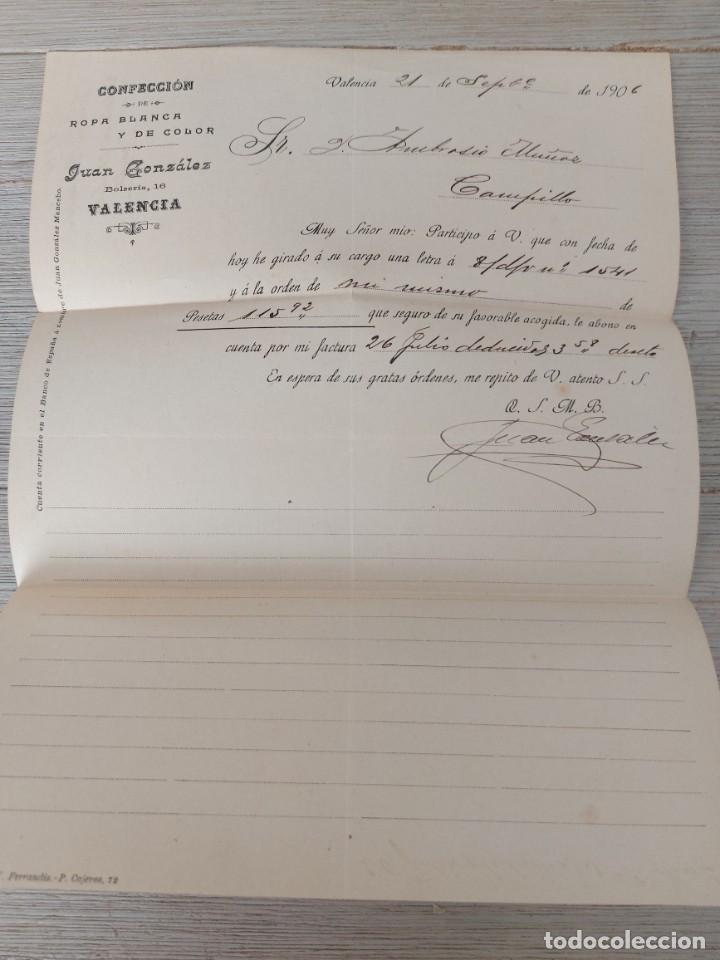 Gesch&auml;ftsbriefe: ANTIGUA Y PRECIOSA CARTA COMERCIAL DE 1906 - JUAN GONZALEZ BOLSERIA 16 VALENCA - FACTURA TELEGRAMA C