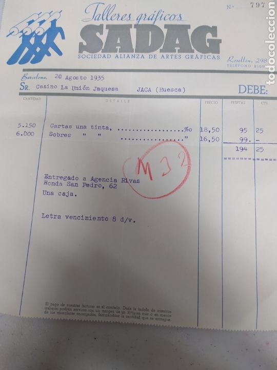 Gesch&auml;ftsbriefe: Factura Talleres Gr&aacute;ficos SANDACH Zaragoza 1935