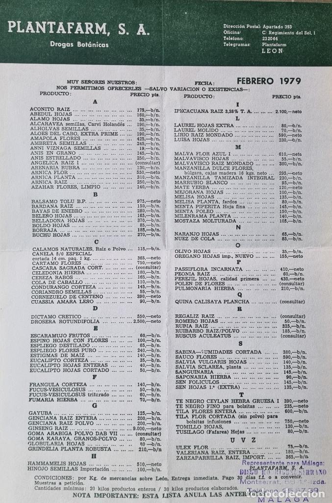 Cartas comerciales: CATALOGO DE DROGAS BOTANICAS DE PLANTAFARM SA. LEON. 1979 - Foto 1