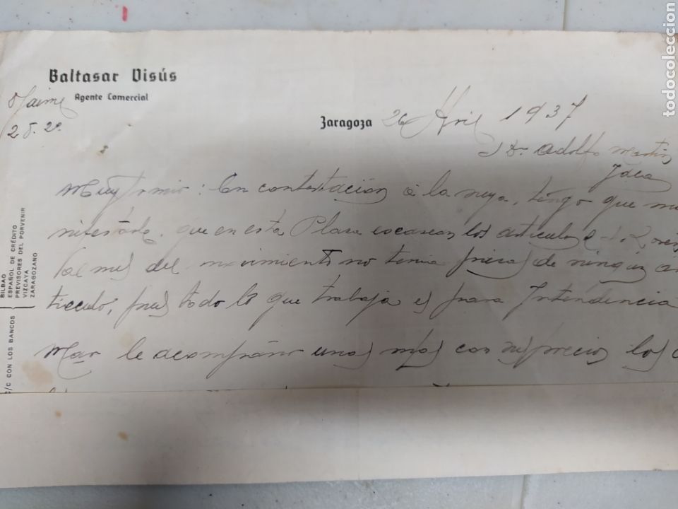 Commercial Letters: Marsar visus agente comercial Zaragoza 1937