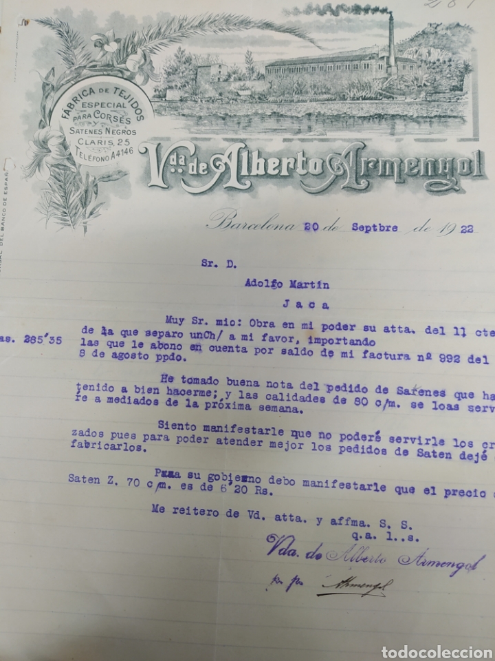 Commercial Letters: Vida de Alberto Armengol Barcelona f&aacute;brica de tejidos especial para concert 1922