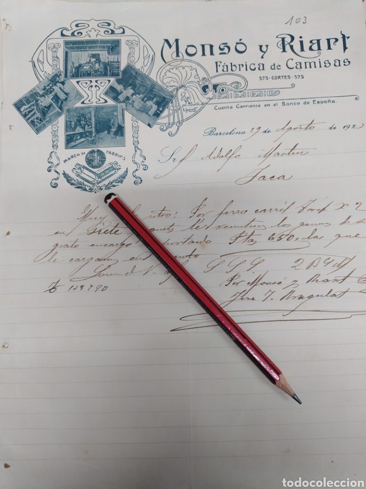 Commercial Letters: Monz&oacute;n y Riart f&aacute;brica de camisas Barcelona 1923