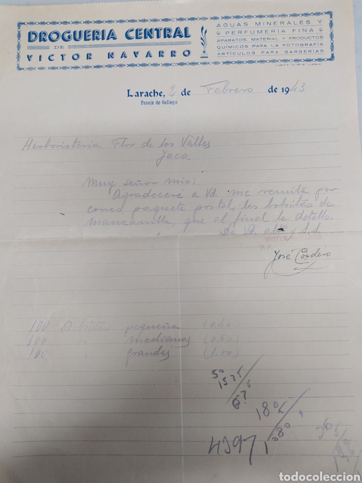 Commercial Letters: Larache droguer&iacute;a central carta febrero del 43