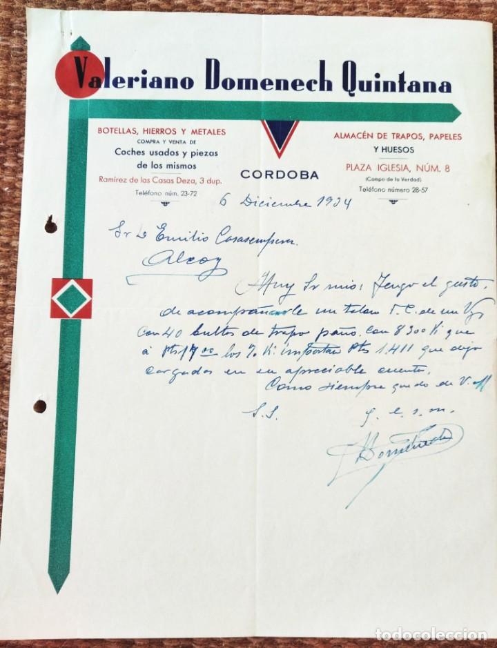 Commercial Letters: CORDOBA 1934 - CARTA COMERCIAL VALERIANO DOMENECH - COMPRA VENTA METALES, TRAPOS Y HUESOS