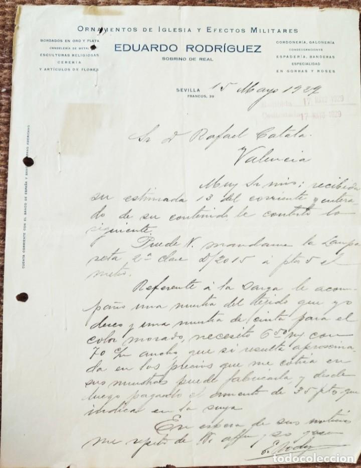 Commercial Letters: SEVILLA 1929 - CARTA COMERCIAL EDUARDO RODRIGUEZ - ORNAMENTOS DE IGLESIA Y EFECTOS MILITARES