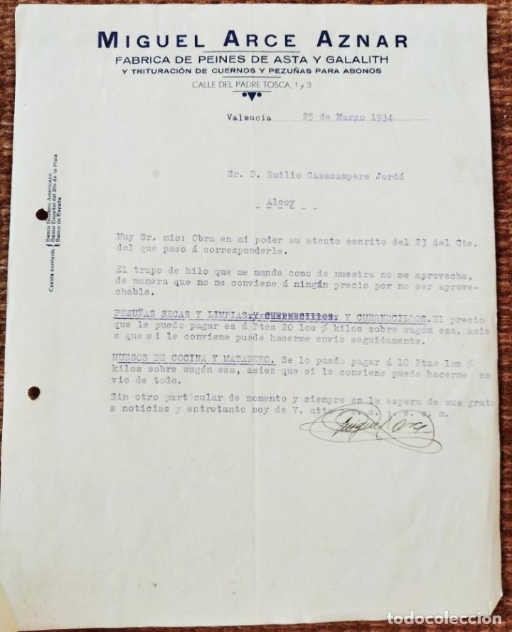 Commercial Letters: CARTA COMERCIAL MIGUEL ARCE AZNAR - FABRICA DE PEINES DE ASTA - VALENCIA 1934