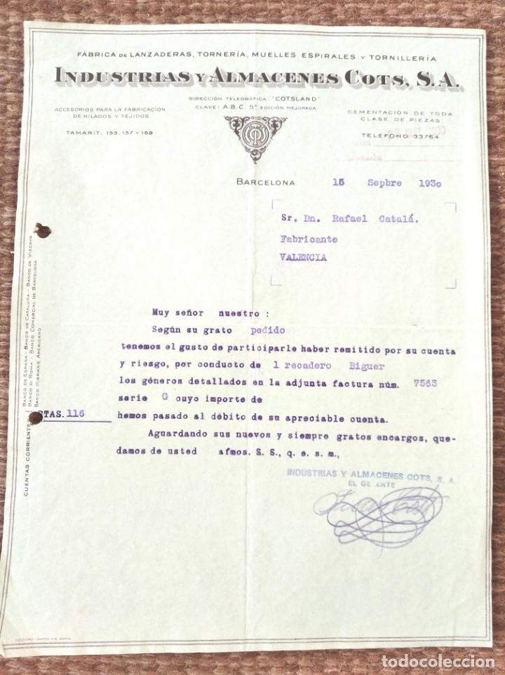 Commercial Letters: CARTA COMERCIAL INDUSTRIAS Y ALMACENES COTS - BARCELONA 1930