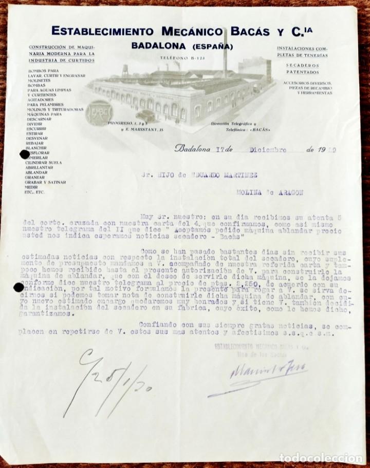 Commercial Letters: CARTA COMERCIAL ESTABLECIMIENTO MECANICO BACAS - BADALONA 1929