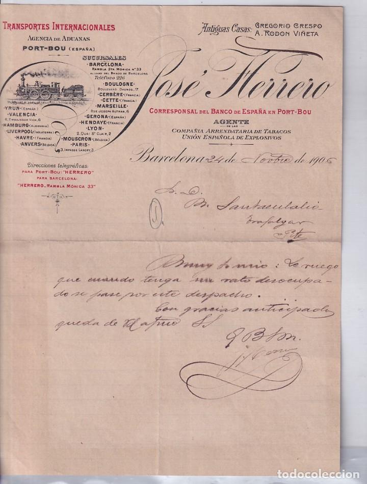 Gesch&auml;ftsbriefe: Transportes internacionales Jos&eacute; Herrero Barcelona 1906 tren locomotora. Port Bou firma
