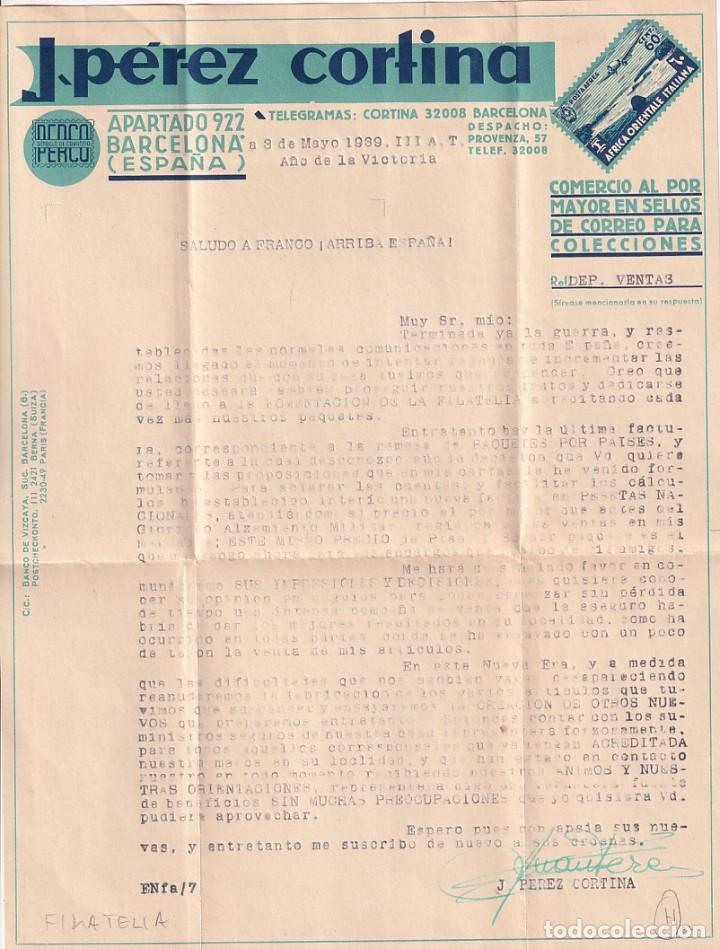 Gesch&auml;ftsbriefe: J. Perez Cortina. Comercio al por mayor en sellos de correos para colecciones. Barcelona. Firma