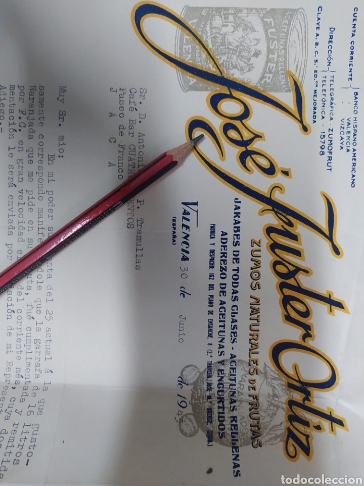 Gesch&auml;ftsbriefe: Jos&eacute; Fuster Ortiz zumos naturales Valencia 1943