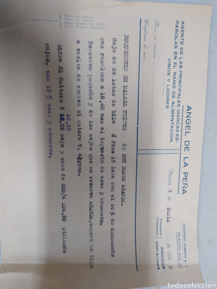 Gesch&auml;ftsbriefe: &Aacute;ngel de la Pe&ntilde;a Huesca agente de las principales marcas espa&ntilde;olas de vinos y licores 1943