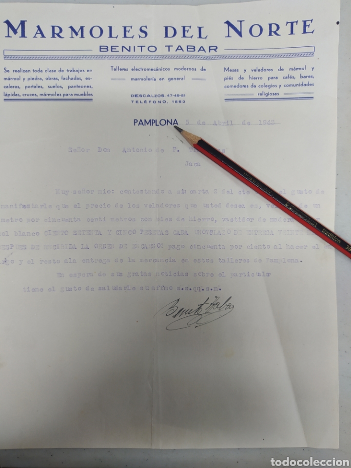 Gesch&auml;ftsbriefe: M&aacute;rmoles del Norte Benito Tabar Pamplona 1943