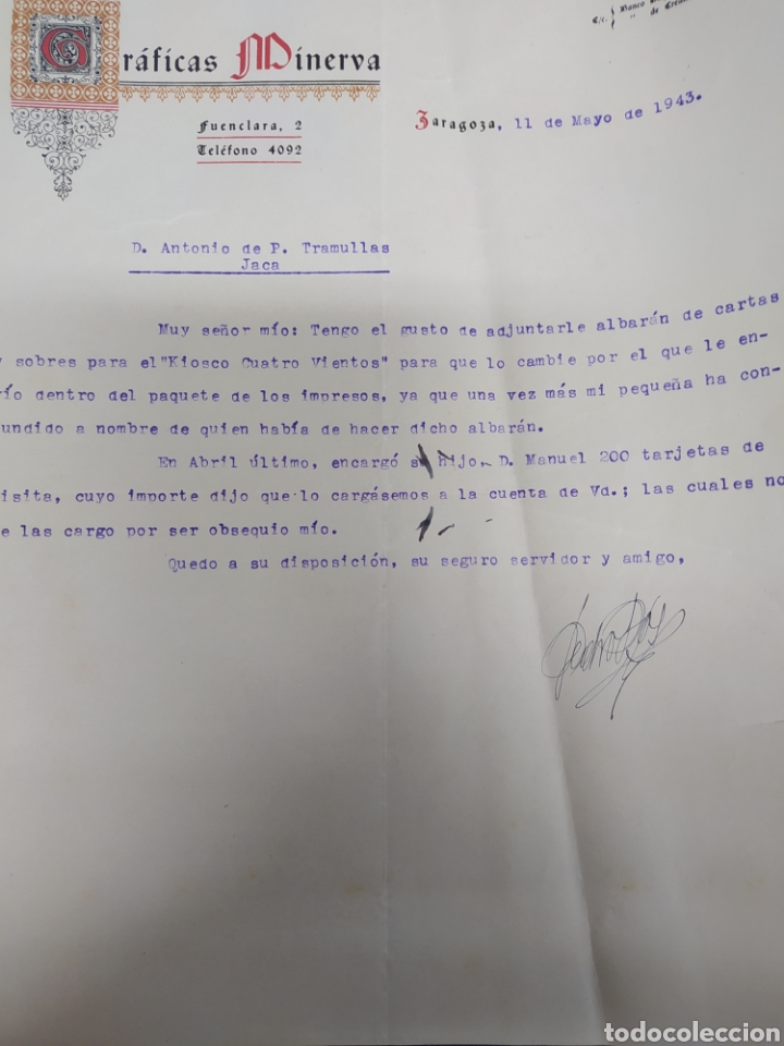 Cartas comerciales: Gr&aacute;ficas Minerva Integra2 Zaragoza 1943 - Foto 1