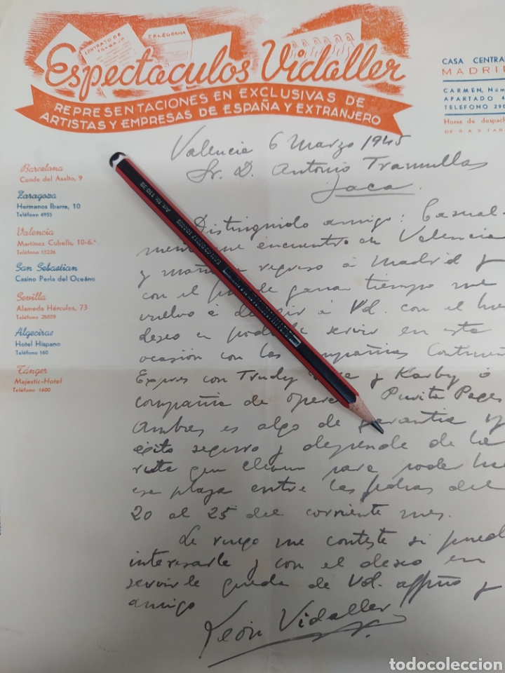 Gesch&auml;ftsbriefe: Espect&aacute;culos de Celler Madrid 1945 Valencia