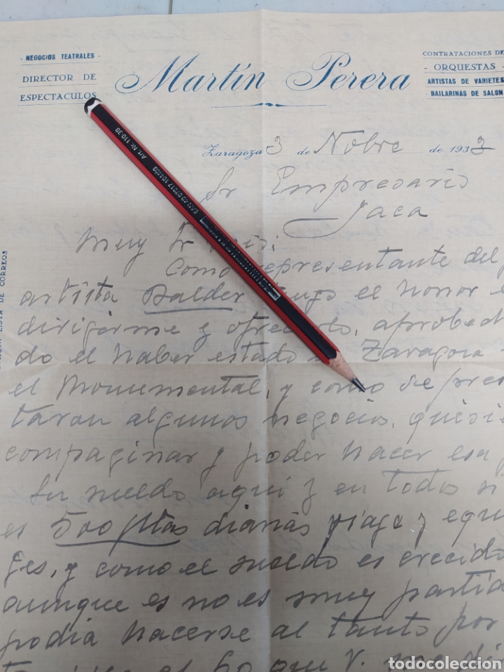 Gesch&auml;ftsbriefe: Mart&iacute;n Mart&iacute;n Pereda Zaragoza 1933 negocios