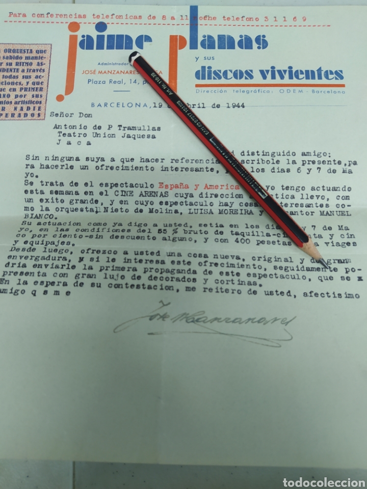 Gesch&auml;ftsbriefe: Jaime planas y sus discos vivientes Barcelona 1944