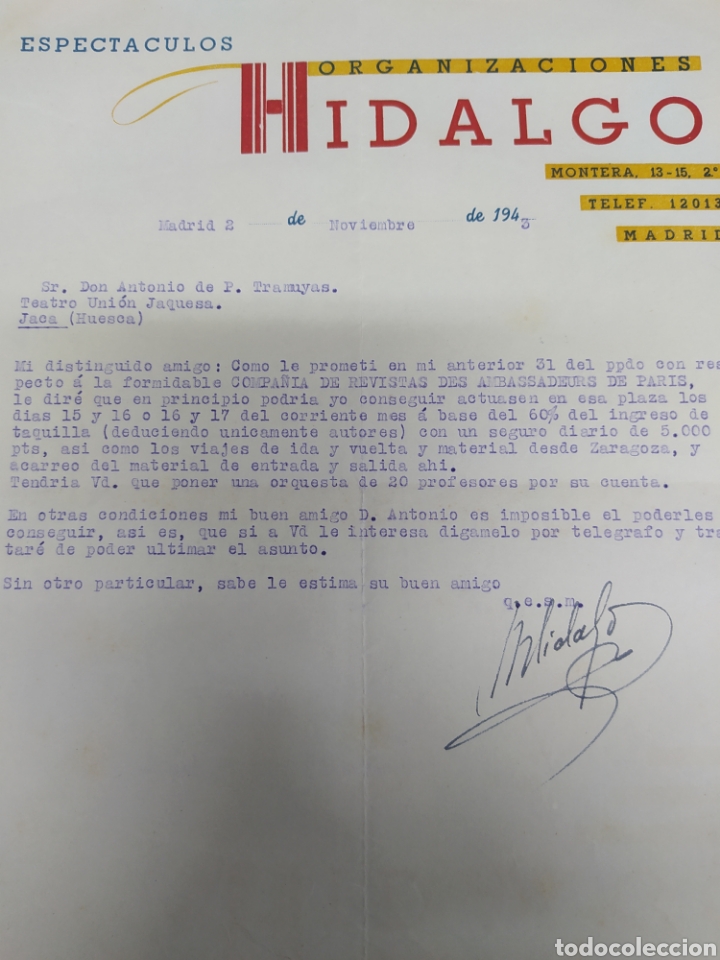 Gesch&auml;ftsbriefe: Espect&aacute;culos Hidalgo organizaciones Madrid 1943