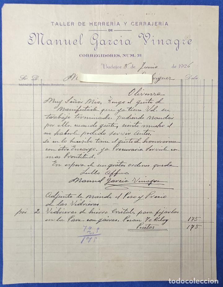 Gesch&auml;ftsbriefe: Antigua Carta comercial Taller Herrer&iacute;a y Cerrajer&iacute;a Garc&iacute;a Vinagre. Badajoz A&ntilde;o 1926