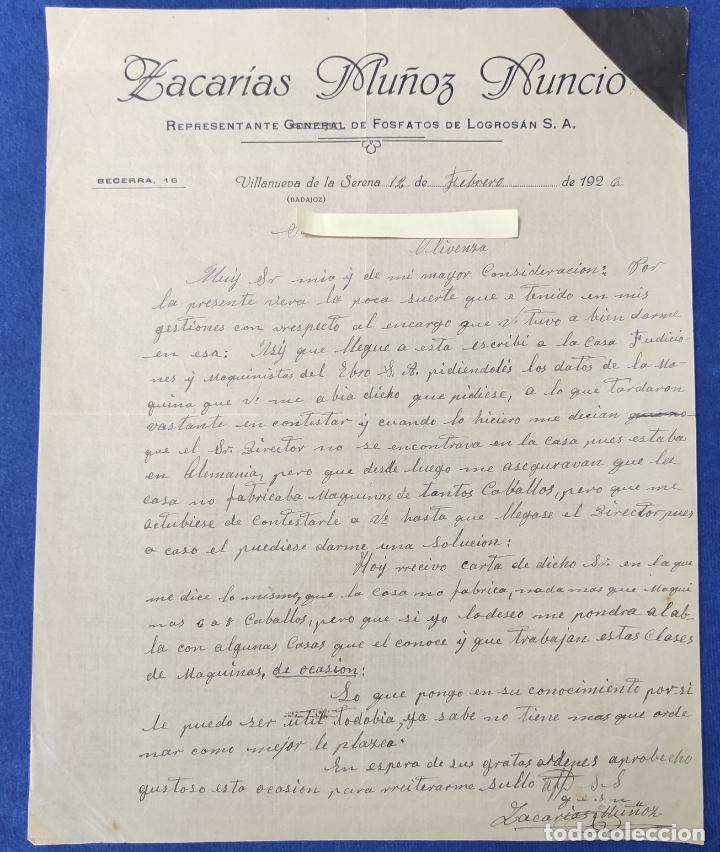 Gesch&auml;ftsbriefe: Antigua Carta comercial Mu&ntilde;oz Nuncio . Fosfatos. Villanueva de la Serena ( Badajoz ) A&ntilde;o 1926