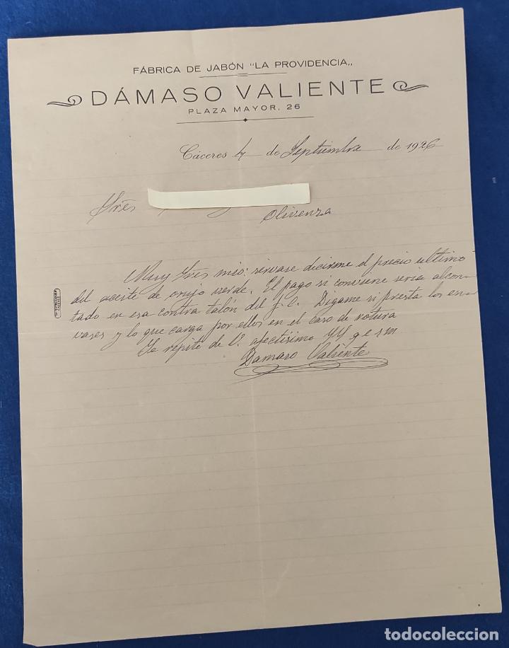 Gesch&auml;ftsbriefe: Antigua Carta comercial D&aacute;maso Valiente : F&aacute;brica Jab&oacute;n La Providencia . C&aacute;ceres A&ntilde;o 1926