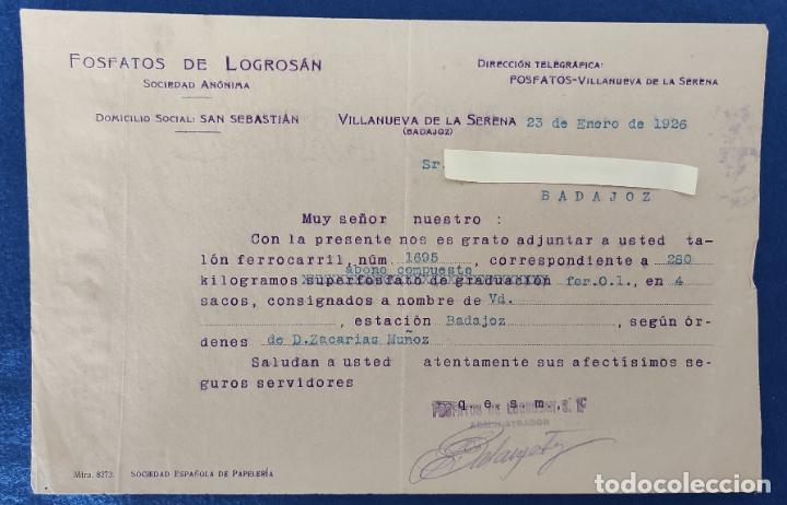 Gesch&auml;ftsbriefe: 2 Antiguas Carta comercial Fosfatos de Logros&aacute;n . Villanueva de la Serena ( Badajoz) A&ntilde;o 1926