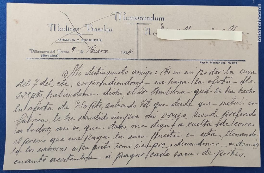 Gesch&auml;ftsbriefe: 8 Antiguas Carta comercial Mart&iacute;nez Baselga . Villanueva del Fresno ( Badajoz) A&ntilde;os 20