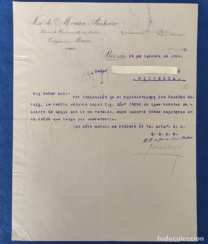 Gesch&auml;ftsbriefe: Antigua Carta comercial J. de Moura Pinheiro : F&aacute;brica de Harinas. Brozas ( C&aacute;ceres ) . A&ntilde;o 1924