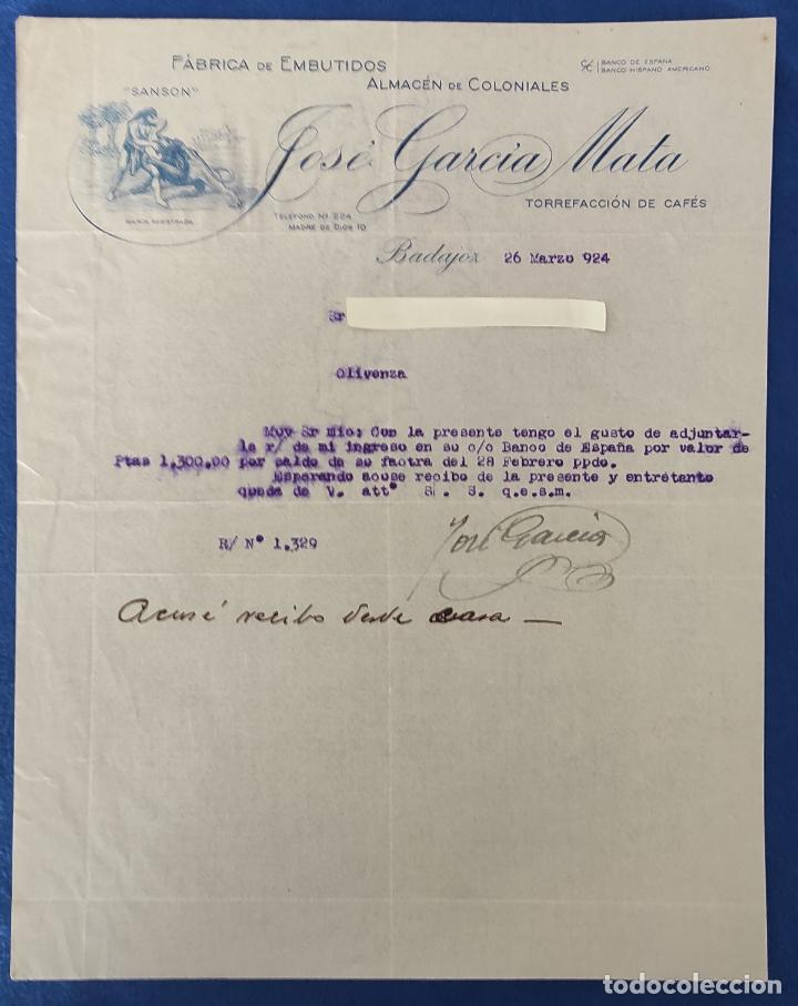 Commercial Letters: Antigua Carta comercial F&aacute;brica de Embutidos J. Garc&iacute;a Mata . Badajoz . A&ntilde;o 1924