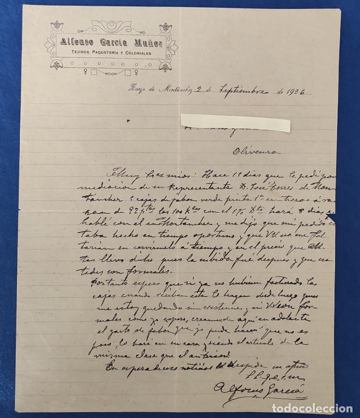 Commercial Letters: Antigua Carta comercial A. Garc&iacute;a Mu&ntilde;oz : Coloniales . Zarza de Mont&aacute;nchez . A&ntilde;o 1926