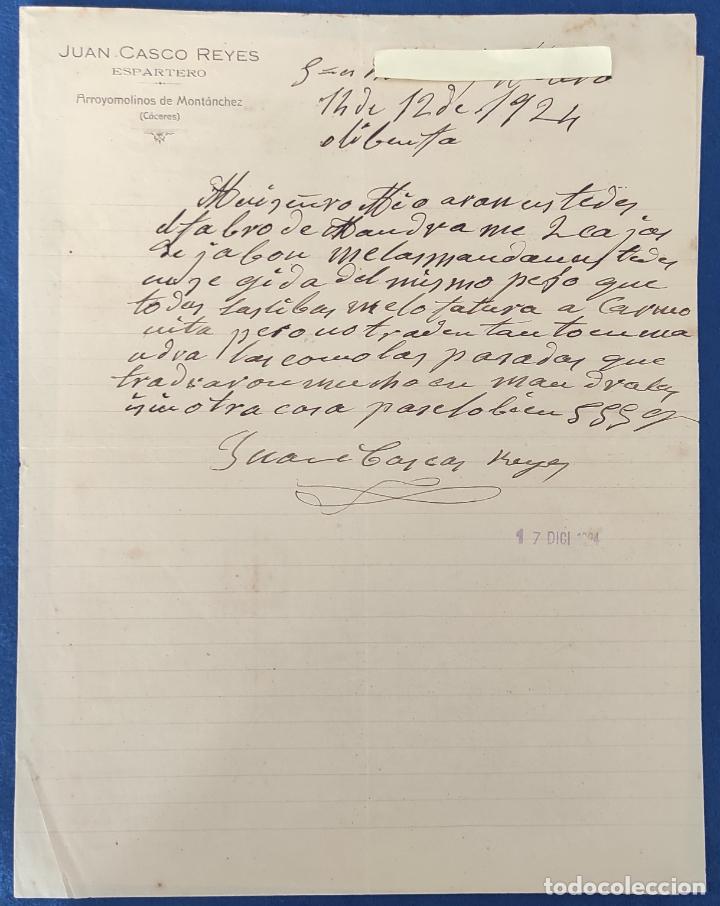 Commercial Letters: 2 Antiguas Cartas comerciales J. Casco Reyes : Espartero. Arroyomolinos de Mont&aacute;nchez . A&ntilde;o 1924