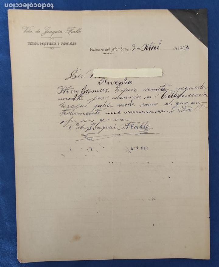 Commercial Letters: Carta comercial Tejidos Viuda de Joaqu&iacute;n Fiallo . Valencia del Mombuey . A&ntilde;o 1924