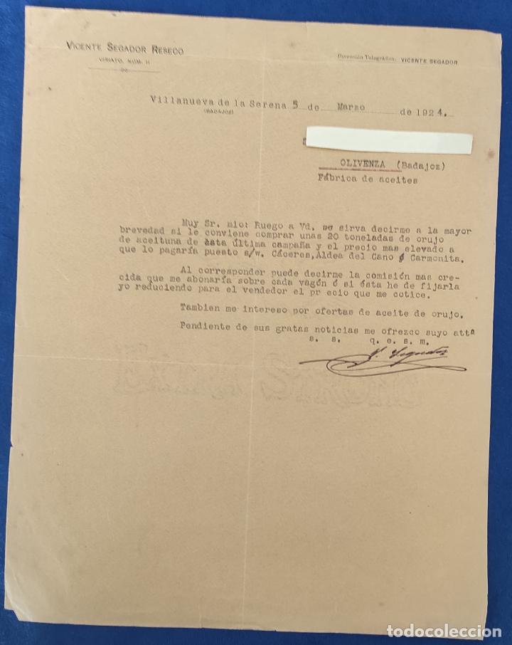 Commercial Letters: Carta comercial Vicente Segador Reseco . Villanueva de la Serena ( Badajoz ) . A&ntilde;o 1924