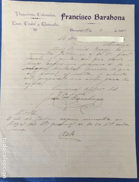 Commercial Letters: Carta comercial Coloniales Francisco Barahona . Alconchel ( Badajoz ) . A&ntilde;o 1926