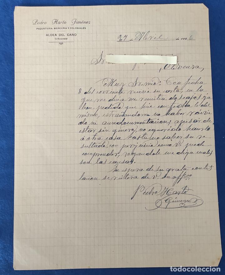 Commercial Letters: Carta comercial Coloniales Pedro Harlo Jim&eacute;nez . Aldea del Cano ( C&aacute;ceres ) . A&ntilde;o 1926