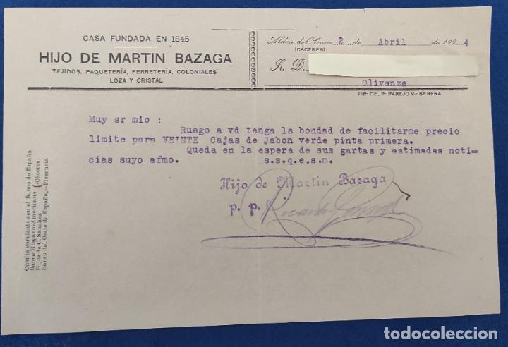 Commercial Letters: Carta comercial Hijo de Mart&iacute;n Bazaga : Tejidos, Coloniales ...Aldea del Cano ( C&aacute;ceres ). A&ntilde;o 1924