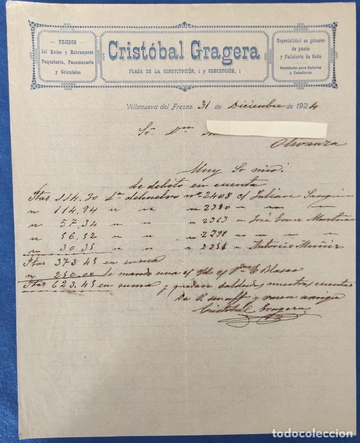 Commercial Letters: Carta comercial Crist&oacute;bal Gragera : Tejidos. Villanueva del Fresno ( Badajoz ). A&ntilde;o 1924