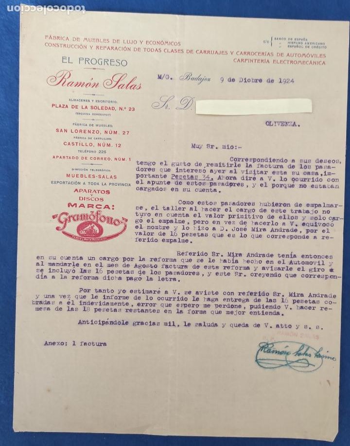 Commercial Letters: Carta comercial F&aacute;brica Muebles El Progreso Ram&oacute;n Salas . Badajoz . A&ntilde;o 1924