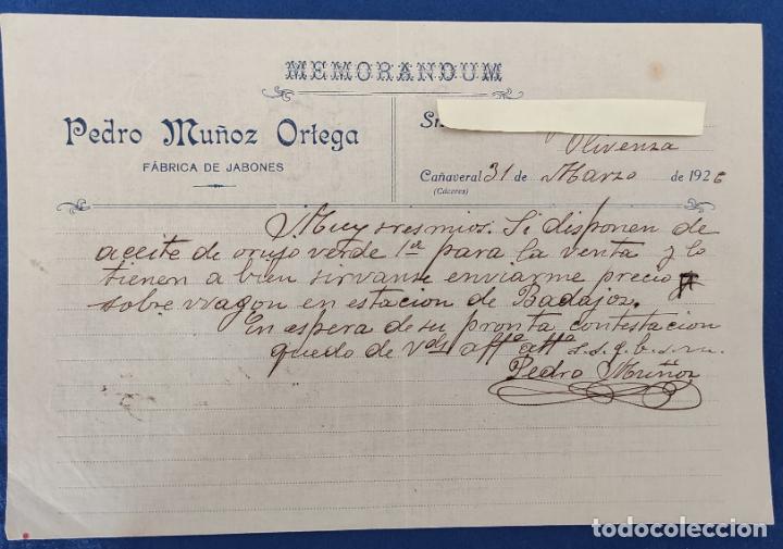 Commercial Letters: Carta comercial P. Mu&ntilde;oz Ortega : F&aacute;brica de Jabones . Ca&ntilde;averal ( C&aacute;ceres ) . A&ntilde;o 1926