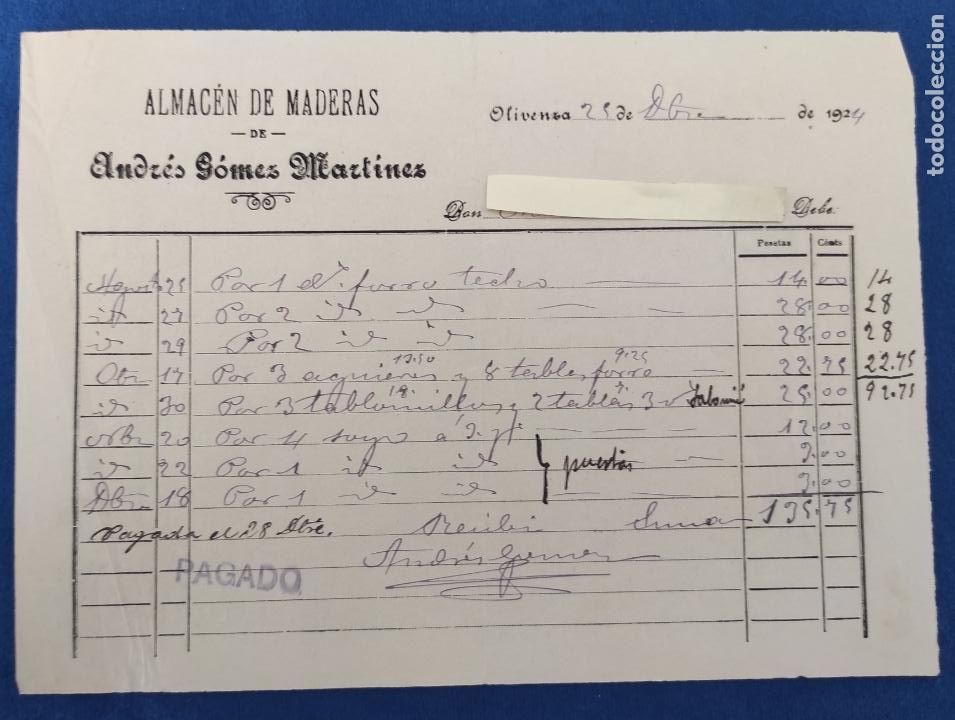 Commercial Letters: Carta comercial Almac&eacute;n de Maderas A. G&oacute;mez Mart&iacute;nez . Olivenza . A&ntilde;o 1924